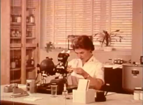 The still features a female cytologist in a laboratory setting, intently examining a slide under a microscope. The background includes shelves with various lab equipment and containers, while natural light streams through the windows, suggesting a bright and organized workspace. The overall atmosphere is focused on scientific inquiry and education regarding cellular biology.