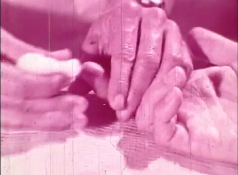 The still features a close-up of multiple hands, appearing to touch or grasp one another. The image is tinted in shades of pink, creating a soft, educational atmosphere. This scene likely emphasizes collaboration or connection within a scientific context, appropriate for the film's focus on human cells and cytology. The visual suggests themes of unity and the intricacies of biological study.