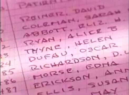 The still features a close-up of a handwritten list on lined paper, likely comprised of patient names and possibly identifiers, presented in a pinkish hue. This educational film segment appears to focus on cytology, indicating a detailed examination or record-keeping related to human cells. The context suggests an emphasis on scientific documentation within a medical or biological study.