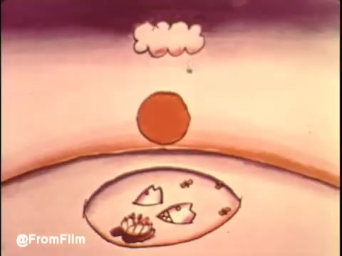 The 16mm still from the Bryant air conditioner commercial, titled 'The Great Indoors,' features a stylized sun against a colorful backdrop. Below, there's a playful depiction of fish and shells, suggesting a whimsical beach scene. This visual likely highlights the contrast between outdoor heat and the comfort of indoor air conditioning, emphasizing the benefits of gas air conditioning in a lighthearted way. Follow @FromFilm for more insights!
