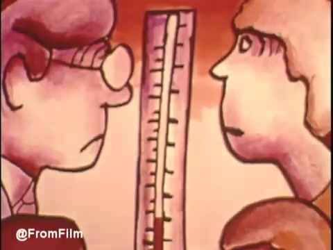 The still depicts two cartoonish characters, a man and a woman, staring intensely at a thermometer. The thermometer signifies temperature, underscoring the commercial's theme about gas air conditioning. The colors are warm, and the characters have exaggerated facial expressions, conveying a sense of urgency or rivalry regarding the comfort provided by air conditioning. The overall aesthetic is playful and illustrative, characteristic of animated advertisements from that era.