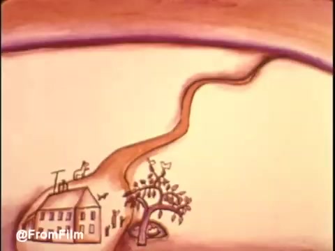 The still from the Bryant air conditioner commercial features a stylized, animated landscape. A winding road leads past a quaint, simple house with a tree nearby, set against a warm, painted backdrop. The aesthetic suggests a focus on the comfort and tranquility provided by gas air conditioning in domestic settings. The imagery aligns with the theme of 'The Great Indoors,' highlighting the benefits of staying cool at home.