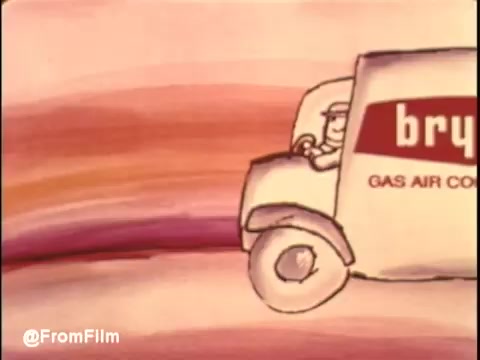 The still features an animated truck with a cheerful driver, branded with 'Bryant GAS AIR CONDITIONING.' The background is a soft, colorful gradient, suggesting a lively and inviting atmosphere. This 16mm print captures the essence of the 'Great Indoors' campaign, emphasizing the comfort and reliability of gas air conditioning.   Follow us on Twitter @FromFilm.