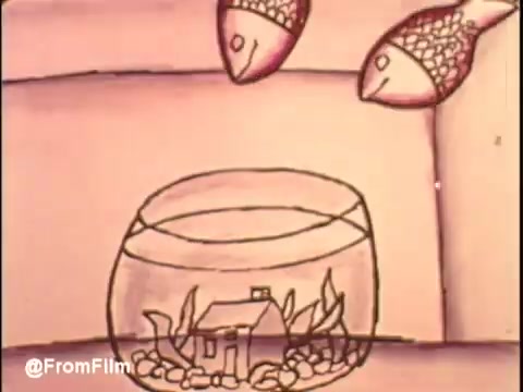 The still from the Bryant air conditioner commercial features a whimsical animated scene. It shows two cartoon fish swimming above a round fishbowl, which contains decorative stones and a small, simple house. The backdrop appears to be plain, reinforcing the focus on the fishbowl. The imagery likely emphasizes the comfort and interior environment created by gas air conditioning.   Follow us on Twitter @FromFilm.