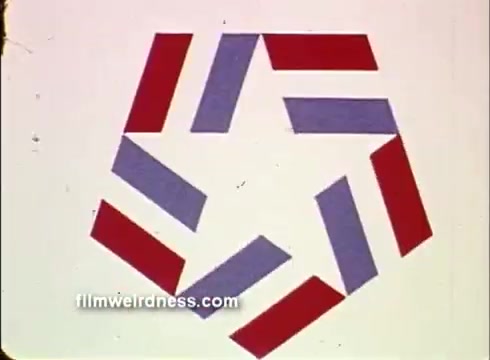 The still features a geometric design composed of alternating red, white, and blue shapes forming a hexagonal pattern, with a central star. This imagery reflects the American flag colors, symbolizing patriotism and the spirit of the 1976 USA Bicentennial celebration. The overall aesthetic is reminiscent of mid-20th-century graphic design, suitable for a public service announcement.