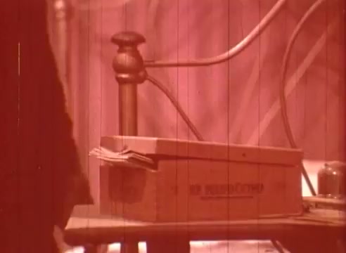 The still features a wooden box labeled 'Le Ménagerie' resting on a bedside table. The scene is imbued with a red tint, contributing to a nostalgic or dreamlike atmosphere. A bed frame is visible in the background, hinting at an intimate or personal setting. The composition suggests a moment of stillness, inviting curiosity about the contents of the box and its significance in the story.