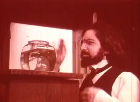 The still from 'Erik Satie and the King of the Beans - Part II' features a man with a beard and glasses, dressed in a formal shirt and vest. He stands beside a fishbowl on a pedestal, appearing animated and expressive. The scene has a warm, reddish tint, contributing to a whimsical and slightly surreal atmosphere. The context suggests a blend of music and visual art, reflecting Satie's avant-garde style.