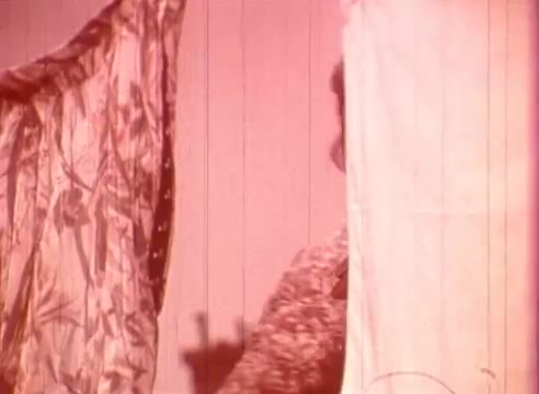 The still from 'Erik Satie and the King of the Beans - Part II' features a soft, surreal composition with a dreamlike quality. It shows a figure partially obscured by flowing fabric, hinting at themes of transformation and whimsy. The warm, pinkish tones create an ethereal atmosphere, aligning with the film's playful and avant-garde essence. The use of textile textures suggests a sense of movement and storytelling.