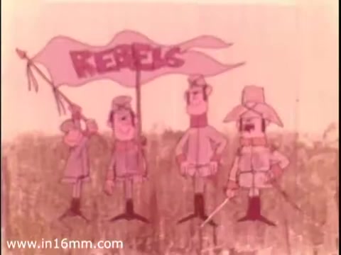 The still from the AMC Rebel animated commercial features cartoonish figures dressed in old-fashioned military attire, holding a flag that reads 'REBELS.' The characters have exaggerated features and expressions, adding a playful tone to the imagery. This animation style reflects the era's creative approach to advertising, using humor and character to appeal to consumers without directly showcasing the car itself. The focus on the concept of rebellion aligns with the branding of the AMC Rebel as a bold choice in the automotive market.