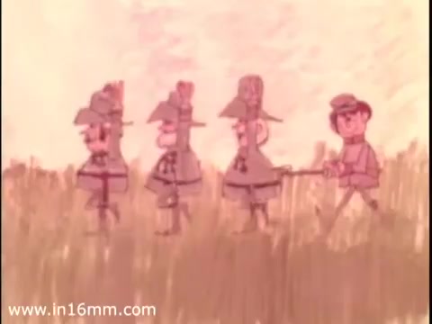 The still from the AMC Rebel animated commercial features stylized characters walking in a grassy field, showcasing a vibrant and playful animation style typical of the 1960s. The characters appear to be engaged in a whimsical activity, evoking a sense of adventure and fun rather than directly promoting the car itself. This approach highlights the commercial’s focus on creating an engaging narrative without showing the vehicle, emphasizing the brand's identity and lifestyle associated with the AMC Rebel.