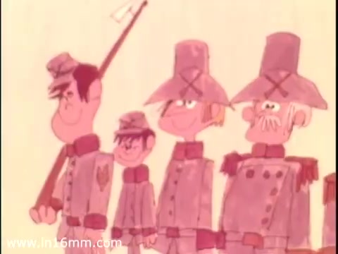 The still from the AMC Rebel animated commercial features a lineup of cartoon soldiers, indicated by their uniforms and hats. The characters display exaggerated facial expressions and simple, bold outlines, typical of animation from that era. They seem to march or stand in formation, likely setting a humorous or playful tone for the commercial. Notably, the car itself is not visible, focusing instead on these animated characters to convey a message or theme related to the AMC Rebel.