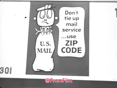 The still from the 1968 Ad Council campaign features an illustrated character resembling a mailbag with a distressed face. The character is tied up, symbolizing the potential issues with mail service. It prominently displays the text 'Don't tie up mail service - use ZIP CODE' along with 'U.S. MAIL.' The message emphasizes the importance of using ZIP codes to ensure efficient mail delivery. The visual is simple and effective, highlighting the need for proper addressing.