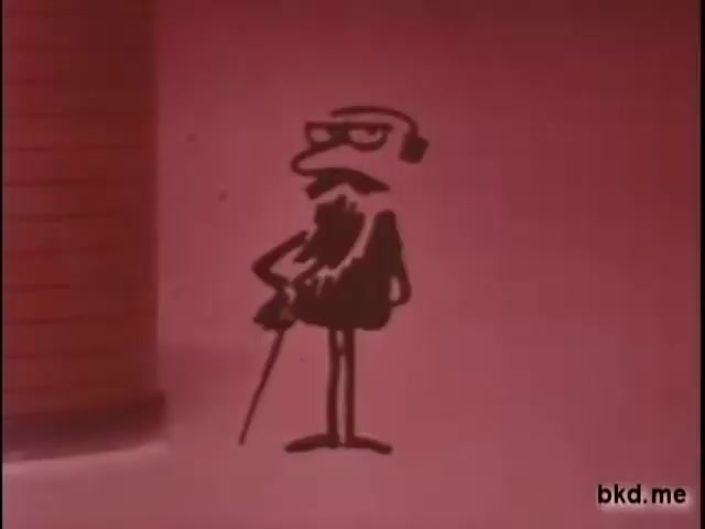 The still features a stylized, cartoonish character with glasses and headphones, standing with a cane against a pink background. The character has a confident posture, likely representing a humorous persona for the 'Lucky Draft Beer' commercial. The line art and vivid color suggest a playful and retro aesthetic typical of mid-20th-century advertising.