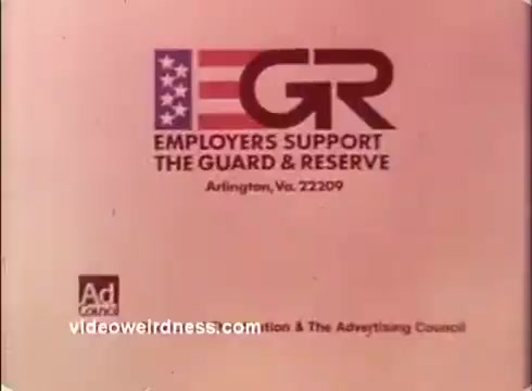 The still features a logo for 'Employers Support the Guard and Reserve' (ESGR), prominently displayed with an American flag incorporated into the design. The text emphasizes support for military members in the guard and reserves, indicating its purpose as a promotional message. The background is a simple color, likely intended to maintain focus on the logo and message. The production context suggests a campaign from the 1970s aimed at encouraging employer support for military personnel.