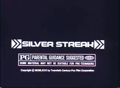 The still features a simple black background with white text. It prominently displays the title 'SILVER STREAK' in bold letters, accompanied by directional arrows. Below the title, a 'PG' rating indicates parental guidance is suggested, warning that some material may not be suitable for pre-teens. The copyright notice attributes the film to Twentieth Century-Fox Film Corporation.