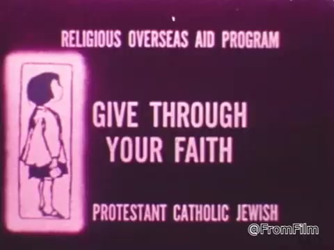 The still features a graphical presentation with a pink and purple color scheme. In the center, there is a simplified illustration of a child, likely representing the beneficiaries of the program. Surrounding the image are text prompts encouraging viewers to 'Give Through Your Faith,' highlighting the collaborative effort of Protestant, Catholic, and Jewish communities in the initiative known as the Religious Overseas Aid Program. The overall tone suggests a call for generosity and solidarity across different faiths.