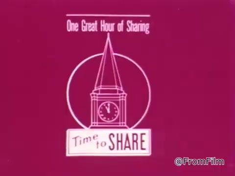 The still from 'One Great Hour of Sharing PSA' features a simple, stylized graphic against a pink background. It includes a prominent image of a clock tower, symbolizing the theme of time. The words 'One Great Hour of Sharing' are displayed at the top, with 'Time to SHARE' emphasized below. The design conveys a message of community and the importance of sharing time and resources with others.