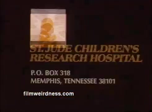 The still features a retro design, showcasing the title 'ST. JUDE CHILDREN'S RESEARCH HOSPITAL' prominently at the top. Below, there is an address with 'P.O. BOX 318, MEMPHIS, TENNESSEE 38101.' A small image of a child is present, likely symbolizing hope and care, while the overall color scheme is muted. The still emphasizes the hospital's mission of supporting children in need.
