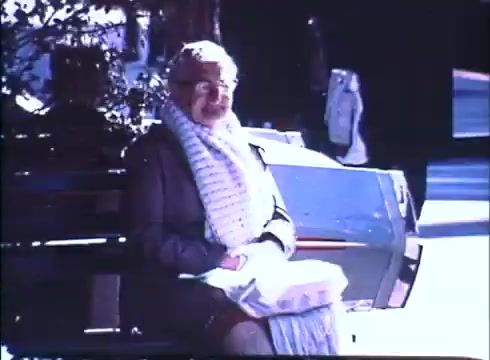 The still from the 'Harry and Tonto' trailer features an older woman sitting on a park bench, wrapped in a light-colored scarf. She has a serene expression, gazing ahead, with sunlight illuminating her face. In the background, a hint of a car and some greenery are visible, creating an urban outdoor setting. The overall tone is reflective and warm, capturing a moment of quiet contemplation.