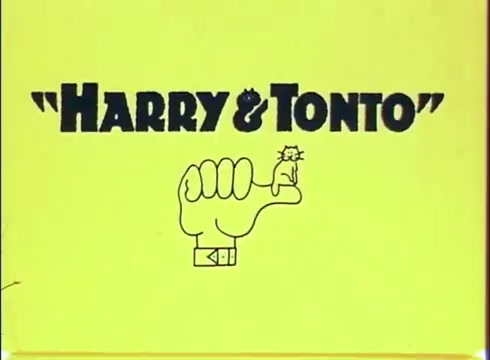 The still features a bright yellow background with the title 'HARRY & TONTO' prominently displayed in bold, black text. Below the title, a cartoonish illustration shows a hand with a raised thumb, and perched on the thumb is a small cat, emphasizing the bond between the two main characters. The overall design is playful and inviting, reflecting the film's themes of companionship and adventure.