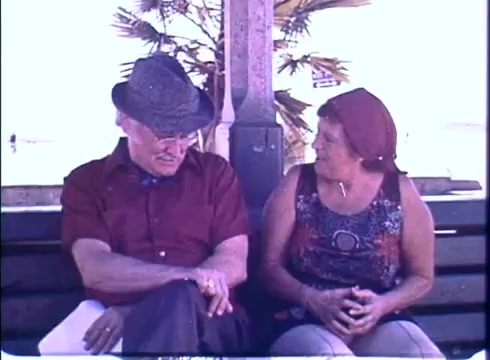 The still from the trailer for 'Harry and Tonto' features two characters seated on a bench under what appears to be a palm tree. The older man, wearing a hat and glasses, has a thoughtful expression as he interacts with the woman next to him, who is dressed in a headscarf and colorful top. The scene captures a moment of conversation, suggesting themes of companionship and reflection. The vibrant colors and relaxed setting contribute to the film's warm atmosphere.