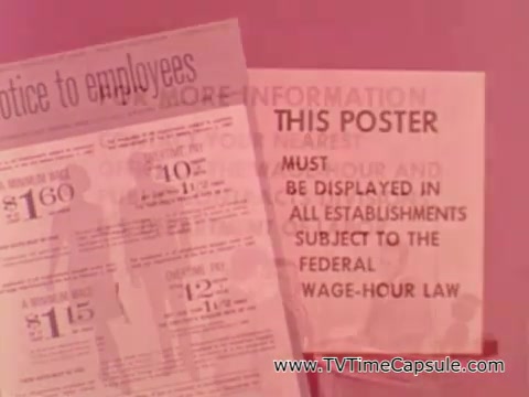 The still features two informational posters aimed at wage earners and employers regarding minimum wage changes effective February 1, 1968. The left poster details the new federal minimum wage rates: $1.60 per hour for specific workers and outlines wage rates that have changed from $1.15 to $1.60. The right poster emphasizes that this information must be displayed in all establishments governed by federal wage-hour laws. The color scheme is muted, contributing to a retro feel typical of the era.