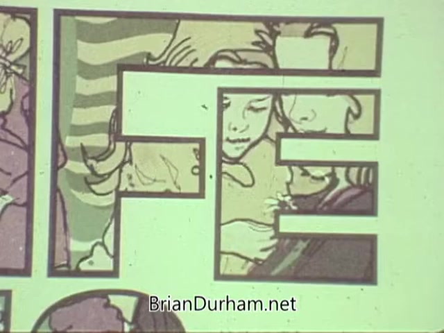 The still from the 'American Optometric Association PSA' features an illustrated design with the word 'LIFE' prominently displayed. Within the letters, there are depictions of people, including children and adults, suggesting themes of family and connection. The artwork uses soft colors typical of the 1960s, reflecting a warm and inviting feel, likely aimed at promoting eye health and vision care in a relatable manner.