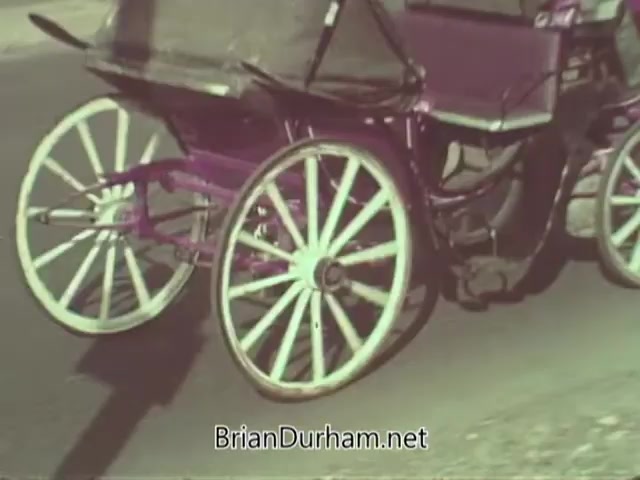 The still features a close-up of a vintage horse-drawn carriage, showcasing its distinct purple color and large white wooden wheels. The background appears to depict a roadway, suggesting a nostalgic or historical setting. The image encapsulates the charm of past transportation methods, in line with the American Optometric Association's focus on eye health, possibly highlighting the importance of vision for safe travel.