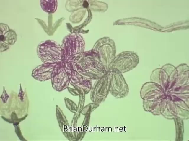 The still from the 'American Optometric Association PSA - 1960s' features hand-drawn flowers in various colors, primarily purple and green, against a light background. The design appears childlike, emphasizing visual perception, likely to promote eye health or vision awareness.