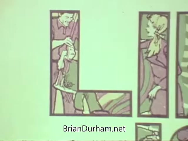 The still from the 'American Optometric Association PSA - 1960s' features a series of illustrated vignettes framed within the letter 'L.' These illustrations depict scenes related to eye care, showcasing an optometrist interacting with patients, highlighting the importance of vision health and regular eye examinations. The style is colorful and reminiscent of graphic design from the 1960s.