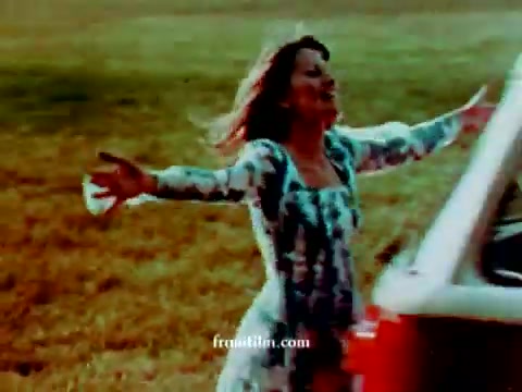 The still features a woman joyfully running with her arms outstretched against a backdrop of grassy fields, near a Volkswagen station wagon. The colors have been enhanced for visual appeal, emphasizing a nostalgic, vibrant atmosphere typical of 1970s commercials. The woman's patterned dress adds to the overall lively and carefree vibe of the scene.