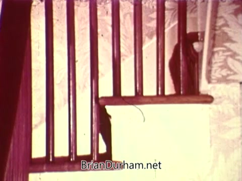 The still depicts a staircase with wooden railings, showcasing an upward view. The scene likely emphasizes safety, hinting at the potential dangers around stairs. The overall ambiance suggests a focus on home safety awareness, typical of public service announcements by the National Safety Council.