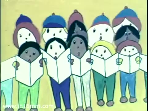 The 16mm still from the 1975 Christmas Seal PSA features a group of animated characters singing in festive attire. They hold open songbooks, expressing joy through their expressions and stances. The background is simple and bright, enhancing the cheerful holiday theme. This illustrative style reflects the era's animation techniques, aiming to promote awareness of Christmas Seals and their purpose.