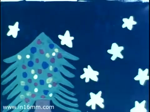 The still from the 1975 Christmas Seal PSA features a stylized, hand-drawn Christmas tree adorned with colorful ornaments against a deep blue background dotted with white stars. The art style appears simplistic and childlike, evoking a nostalgic holiday spirit. The overall composition promotes the warmth and joy of the Christmas season.