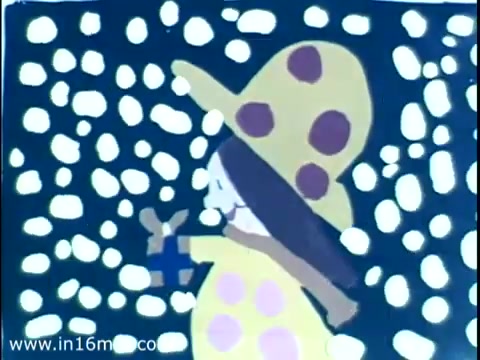 The still features a colorful, animated character resembling a snowman or a child dressed warmly for winter. The character, adorned with a large yellow hat with polka dots and a scarf, is holding a gift. The background is a whimsical depiction of falling snowflakes, creating a festive atmosphere typical of a Christmas-themed public service announcement from 1975. The overall style is playful and illustrative, aimed at engaging viewers about the importance of Christmas Seals.