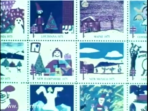 The still showcases a grid of colorful Christmas seals from various states, each featuring childlike drawings and holiday themes, such as snowmen, Christmas trees, and Santa Claus. This 1975 PSA emphasizes the festive spirit while promoting the use of these seals for fundraising. The overall aesthetic is nostalgic and whimsical, reflecting the artistic style of the era.