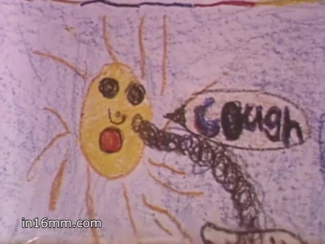 The still from the 'Christmas Seals 1981 PSA' features a colorful, child-like drawing. It depicts a smiling yellow sun with black eyes and a mouth. From the sun's mouth, a swirling line is directed toward a speech bubble that contains the word 'Cough.' The artwork emphasizes a playful yet educational theme, likely addressing respiratory health.