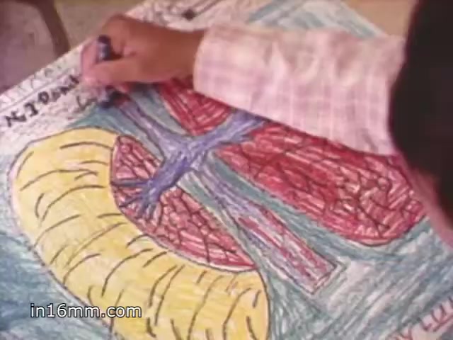 The still features a child's hand drawing a colorful representation of lungs, with one lung depicted in yellow and the other in red. The background includes blue and green elements, suggesting a creative and educational context related to health. It is part of the 'Christmas Seals 1981 PSA', likely promoting awareness of respiratory health.