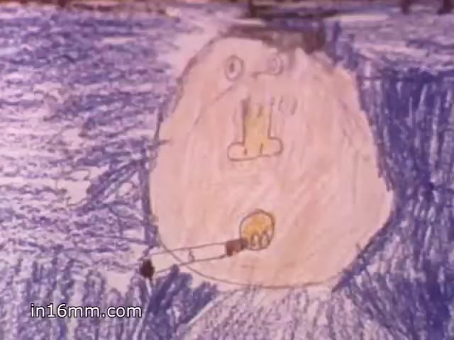 The still from the 'Christmas Seals 1981 PSA' features a child-like drawing of a large figure surrounded by blue waves or water. The figure has a simple, exaggerated face, and appears to be holding a yellow object. The artwork conveys a playful and whimsical tone, typical of children's drawings.