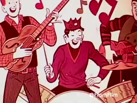 The still features animated characters from the 1960s Archie's Alpha Bits commercial. In a vibrant, playful setting, one character, wearing a crown, energetically plays the drums, while others strum guitars. The background is lively, adorned with musical notes, capturing the upbeat essence of the promotion for Archie's car and Post Alpha Bits cereal.