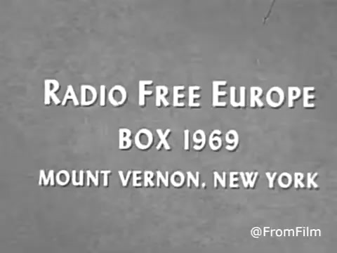The still from the 'Radio Free Europe PSA - Bob Hope - 1969' features text on a plain background. The title 'RADIO FREE EUROPE' is prominently displayed at the top, followed by 'BOX 1969' and 'MOUNT VERNON, NEW YORK.' This indicates the year and location associated with the Public Service Announcement, emphasizing the organization's effort to promote free information in regions with restricted media access. The overall aesthetic is simple and straightforward, typical of the period's promotional materials.