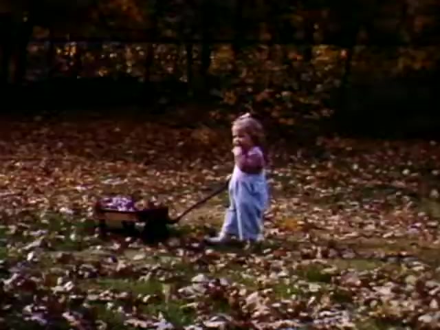 The still from 'Connie & Patty #2' features a young child, likely a toddler, pulling a small wagon through a yard covered in autumn leaves. The child appears to be in a playful mood, with one hand in their mouth, suggesting innocence and curiosity. The setting, combined with the use of Ansco film, might indicate a date around the late 1940s to early 1950s, post-WW2, capturing simpler, everyday moments of childhood against a backdrop of familial warmth. The autumn ambiance adds to the nostalgic feel.