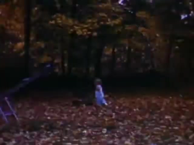 The still from 'Connie & Patty #2' features a child playing in a forested area covered with autumn leaves, evoking a nostalgic and serene atmosphere. The colors suggest a warm, muted palette typical of early color films. Based on the style and film stock (Ansco), along with the implied setting, it could likely date to the early to mid-1940s, possibly around World War II. The presence of children and the simplicity of the scene suggest a focus on innocence and play during a tumultuous time.