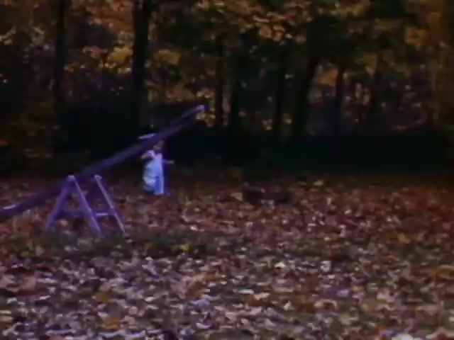 The still from 'Connie & Patty #2' captures a serene outdoor scene, likely during autumn. A child, dressed in light clothing, is seen interacting with a swing set amidst a carpet of fallen leaves, suggesting a playful atmosphere. The surrounding trees display warm colors typical of the season, evoking a nostalgic feel. The use of Ansco film implies a timeframe that could align with the 1940s, possibly around World War II, reflecting the styles and experiences of that era.