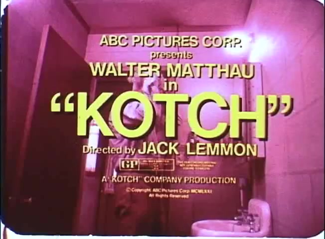 The still from 'Kotch' features bold, yellow and green titles against a warm, pinkish background. It prominently displays Walter Matthau's name and indicates that the film is directed by Jack Lemmon. The setting suggests an interior space, possibly a bathroom, hinting at a comedic or heartfelt context. The promotional nature is underscored by the mention of ABC Pictures Corp. and the film's classification.