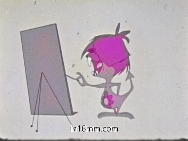 The still features a stylized, anthropomorphic character with bright pink hair and a quirky expression. The character is pointing at a plain, vertical surface, possibly an easel or board, suggesting a presentation or demonstration context. The color palette is simple and animated, typical of retro educational materials. The overall tone is playful and engaging, intended to convey a public service message about flu awareness from the AMA in 1968.