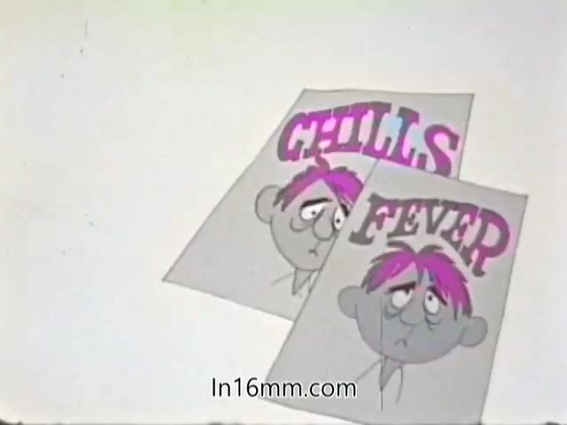 The still features two illustrated posters titled 'CHILLS' and 'FEVER.' Each poster depicts a cartoonish character with a worried expression and pink hair, conveying the symptoms of illness. The background is plain, emphasizing the urgency and simplicity of the message related to flu awareness from the 1968 PSA.