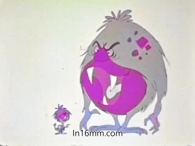 The still features two cartoon characters: a small, round purple figure with large eyes and a spiky hairdo standing next to a much larger, furry creature with a pink and grey color scheme. The larger creature has an exaggerated facial expression, with a wide, menacing smile showing large teeth and patches on its body. The background is simple and white, emphasizing the characters.
