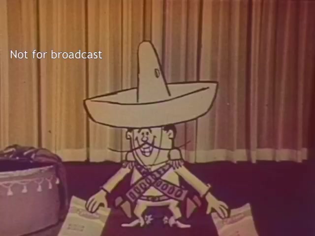 The still features a cartoon character, the Frito Bandito, wearing a large sombrero and standing in front of a backdrop with curtains. He has a mischievous expression and is adorned with a sash that reads 'Frito Bandito.' Papers are scattered around him, and the image is enhanced with colorization effects. A watermark stating 'Not for broadcast' is also visible.